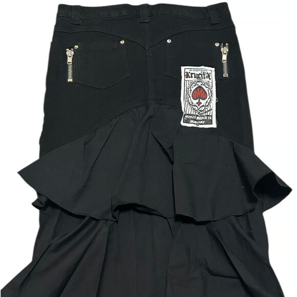 Vintage Lip Service Ruffle Denim Maxi Patch Skirt Black Large - Picture 4 of 14
